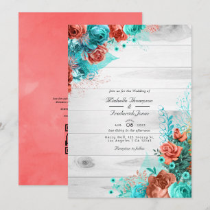 Invitación Boda de respuesta con código QR floral de turquesa