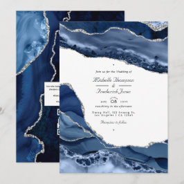 Invitación Boda de respuesta QR Code de ágata plateada y azul
