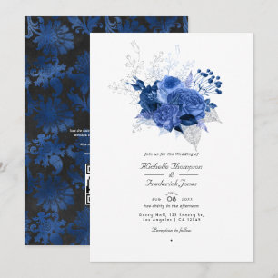 Invitación Boda de respuesta QR Code floral azul real y plata