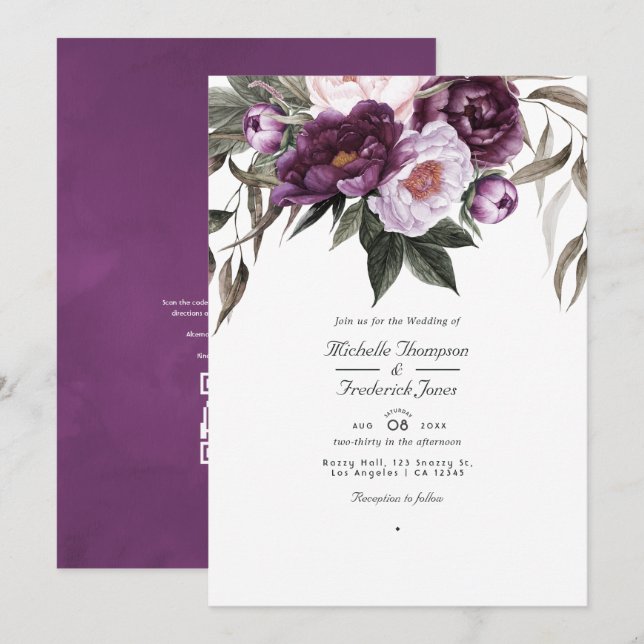 Invitación Boda de respuesta QR Code floral de terciopelo pro (Anverso / Reverso)