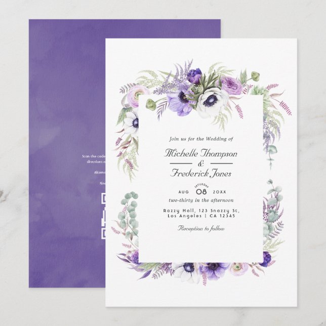 Invitación Boda de respuesta QR Code Floral Violeta Polvorien (Anverso / Reverso)