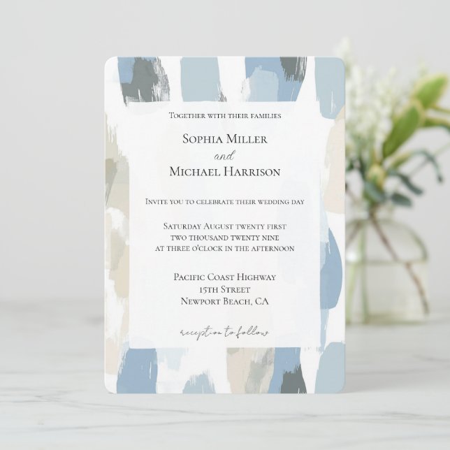 Invitación Boda de resumen de crema blanca azul (Anverso de pie)