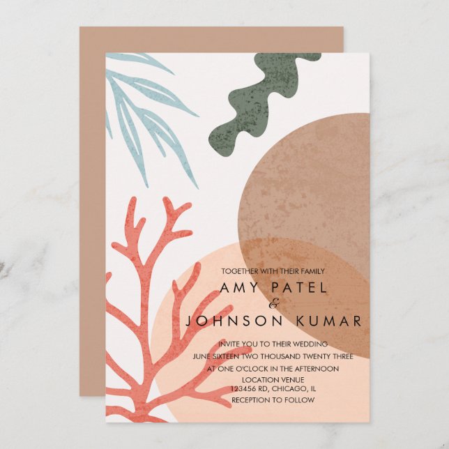 Invitación Boda de resumen de formas de tonos de tierra de pl (Anverso / Reverso)