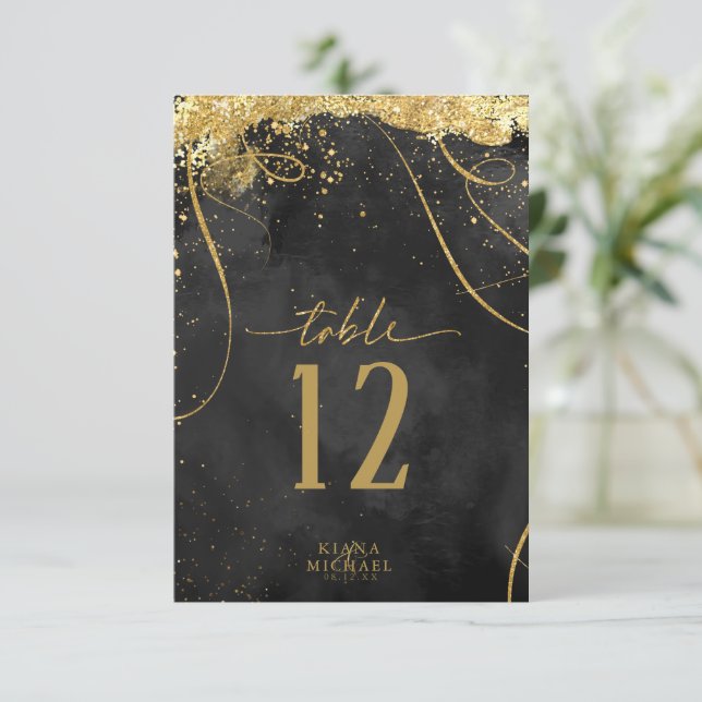 Invitación Boda de resumen de oro de líneas finas ID867 negro (Anverso de pie)