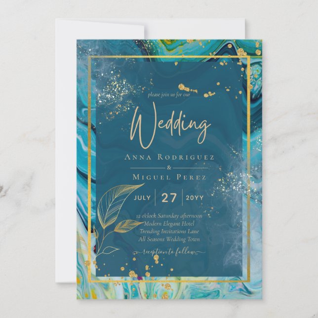 Invitación Boda de resumen de Peacock Blue Gold INK (Anverso)