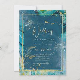 Invitación Boda de resumen de Peacock Blue Gold INK
