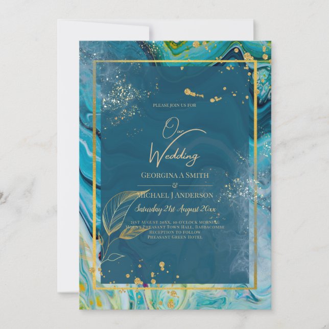 Invitación Boda de resumen de Peacock Blue Gold INK (Anverso)