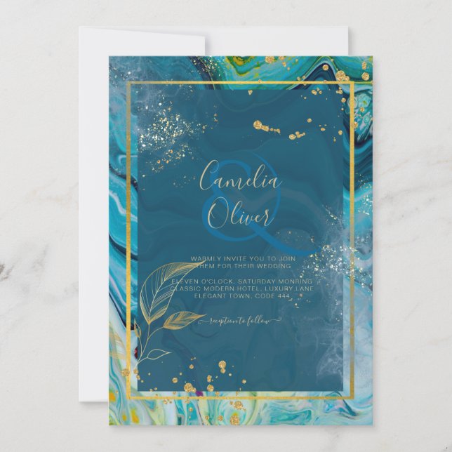 Invitación Boda de resumen de Peacock Blue Gold INK (Anverso)