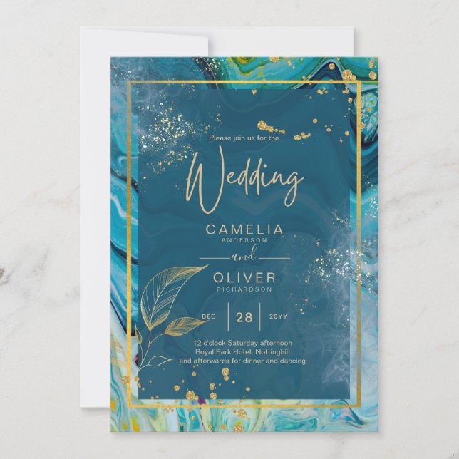 Invitación Boda de resumen de Peacock Blue Gold INK (Anverso)
