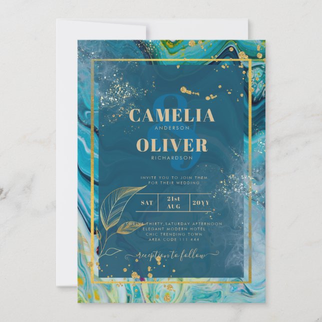 Invitación Boda de resumen de Peacock Blue Gold INK (Anverso)