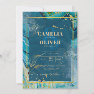 Invitación Boda de resumen de Peacock Blue Gold INK