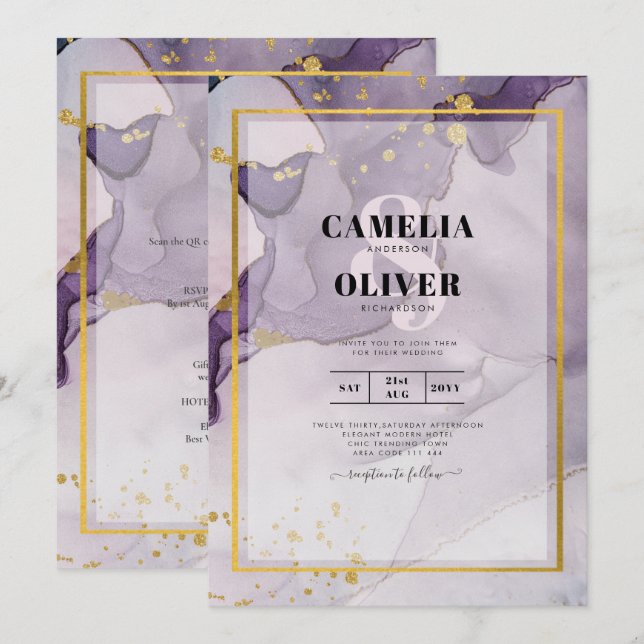 Invitación Boda de resumen de tinta para alcohol púrpura y po (Anverso / Reverso)