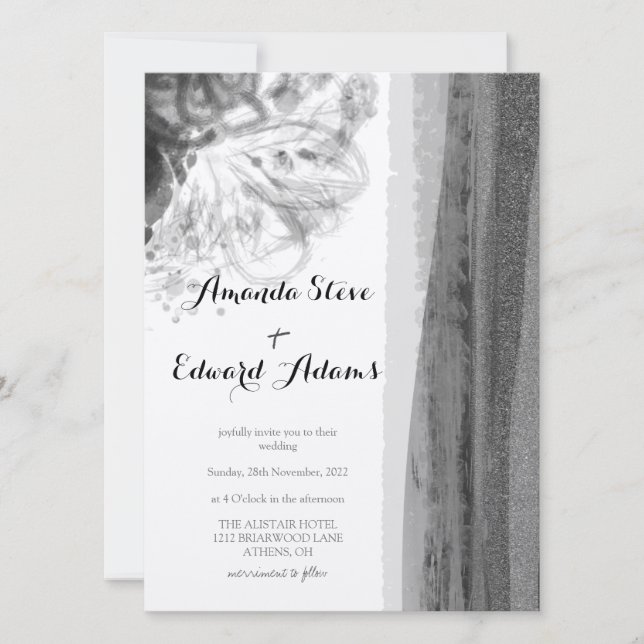 Invitación Boda de resumen floral blanco y negro (Anverso)