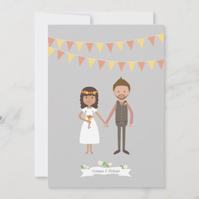 Invitación Boda de retrato de pareja Personalizado ilustrado (Reverso)