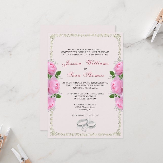 Invitación Boda de Rings de Diamantes y Rosas Rosa (Anverso/Reverso In Situ)
