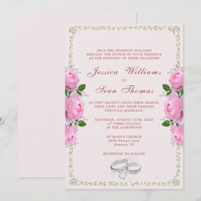 Invitación Boda de Rings de Diamantes y Rosas Rosa (Anverso / Reverso)