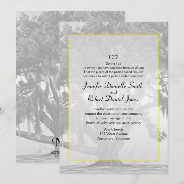 Invitación Boda de roble amarillo de plata gris oscuro (Anverso / Reverso)