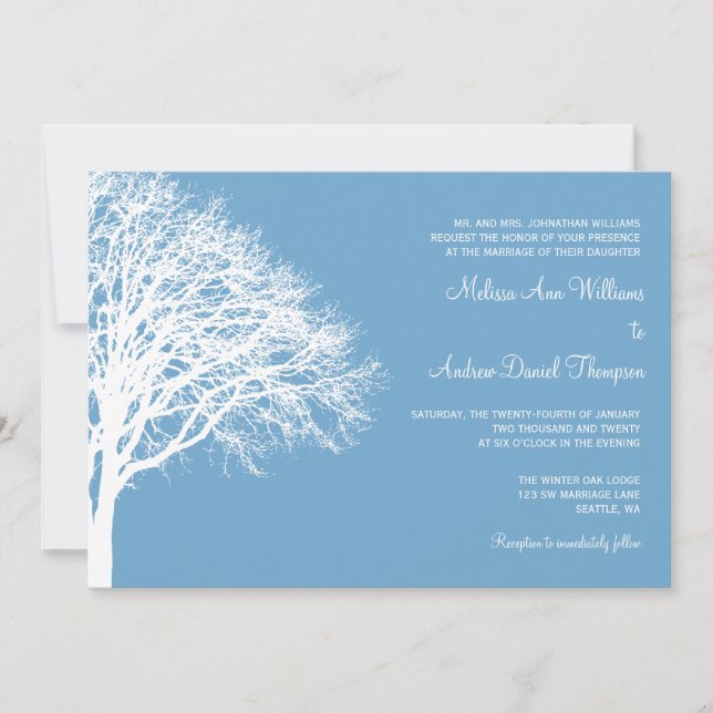 Invitación Boda de roble blanco y azul de invierno (Anverso)