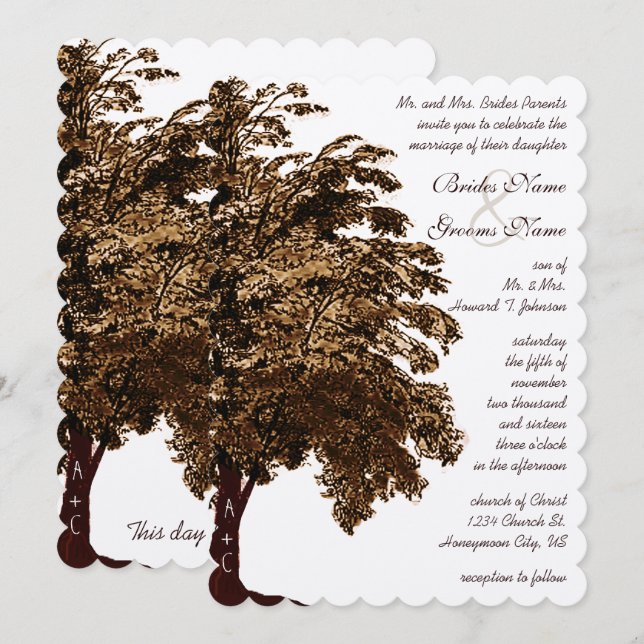 Invitación Boda de roble marrón romántico (Anverso / Reverso)