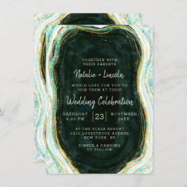 Invitación Boda de rock geode de mármol verde y oro verde azu