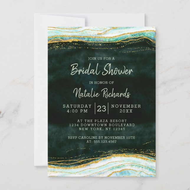 Invitación Boda de rock verde y oro verde azulado ducha de no (Anverso)