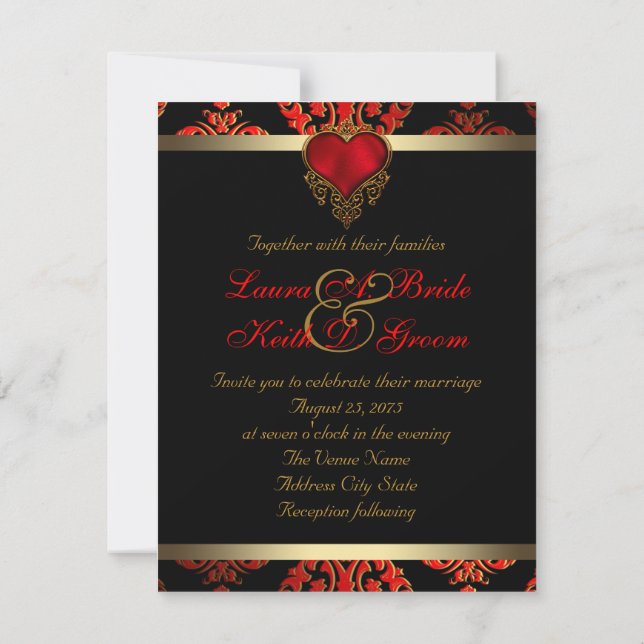 Invitación Boda de rojo, negro y dorado (Reverso)