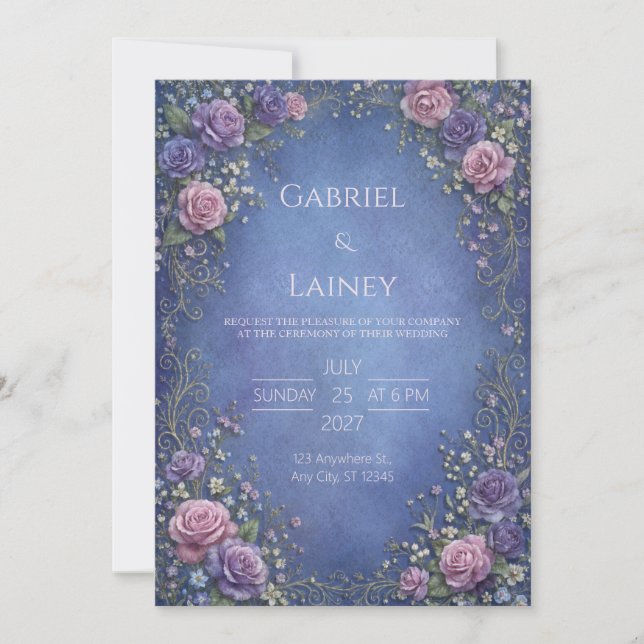 Invitación Boda de Rollo de Oro Rosa Adornado Azul Real (Anverso)