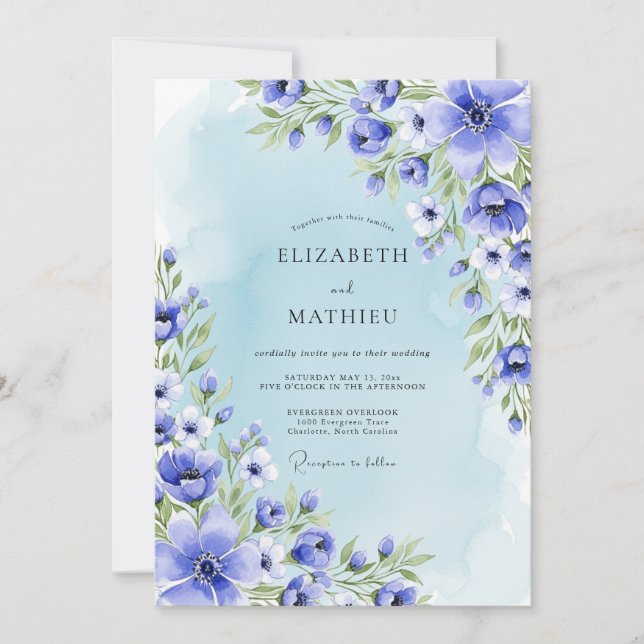 Invitación Boda de Romance Botánico Azul (Anverso)