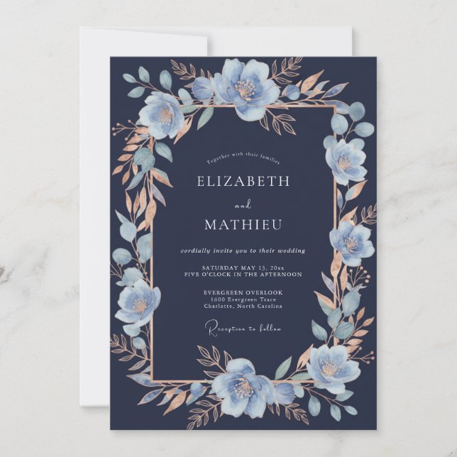 Invitación Boda de Romance Botánico Azul Claro (Anverso)