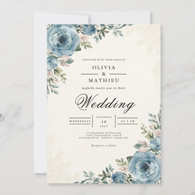 Invitación Boda de Romance Botánico Azul Etéreo (Anverso)