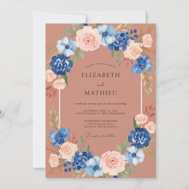 Invitación Boda de Romance Botánico Azul Melocotón (Anverso)