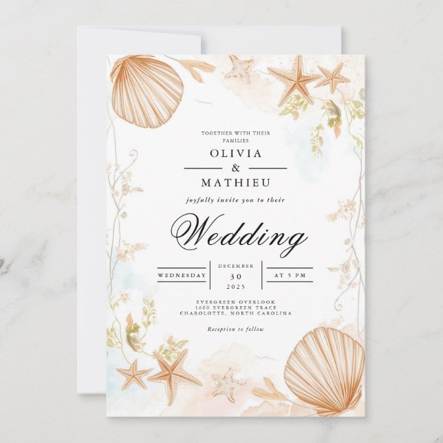 Invitación Boda de Romance Botánico Coastal Seashell (Anverso)