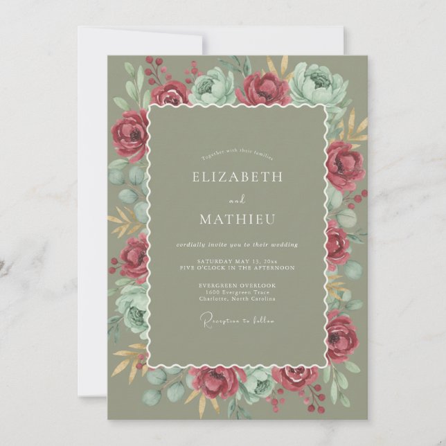 Invitación Boda de Romance Botánico con Menta Borgoña (Anverso)