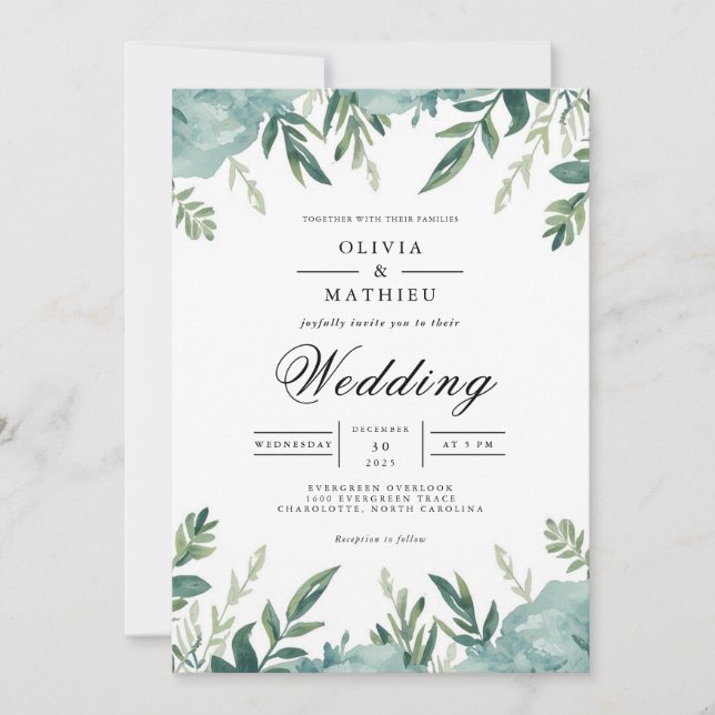 Invitación Boda de Romance Botánico de Leafy verde azulado (Anverso)