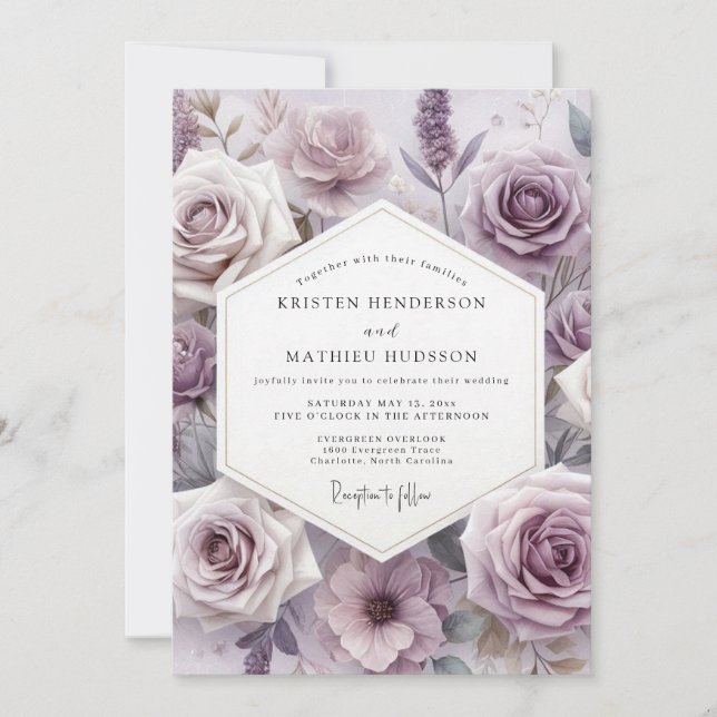 Invitación Boda de Romance Botánico de Rosa Lavanda (Anverso)