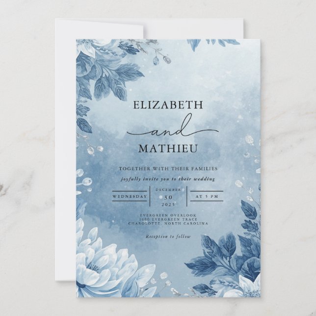 Invitación Boda de Romance Botánico Eéreo Azul (Anverso)