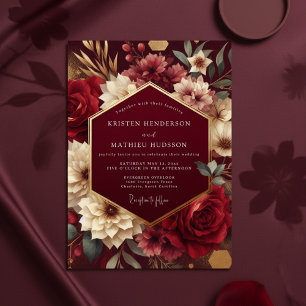 Invitación Boda de Romance Botánico Exuberante Borgoña