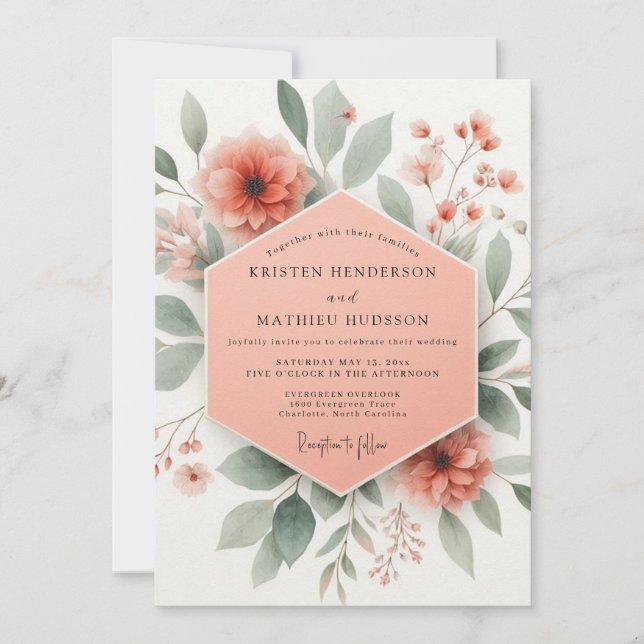 Invitación Boda de Romance Botánico Flor de Coral (Anverso)