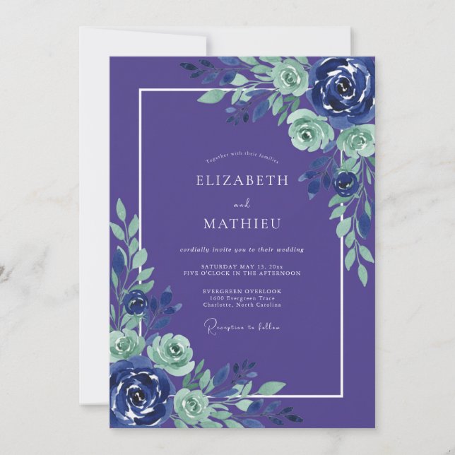 Invitación Boda de Romance Botánico Índigo Menta (Anverso)
