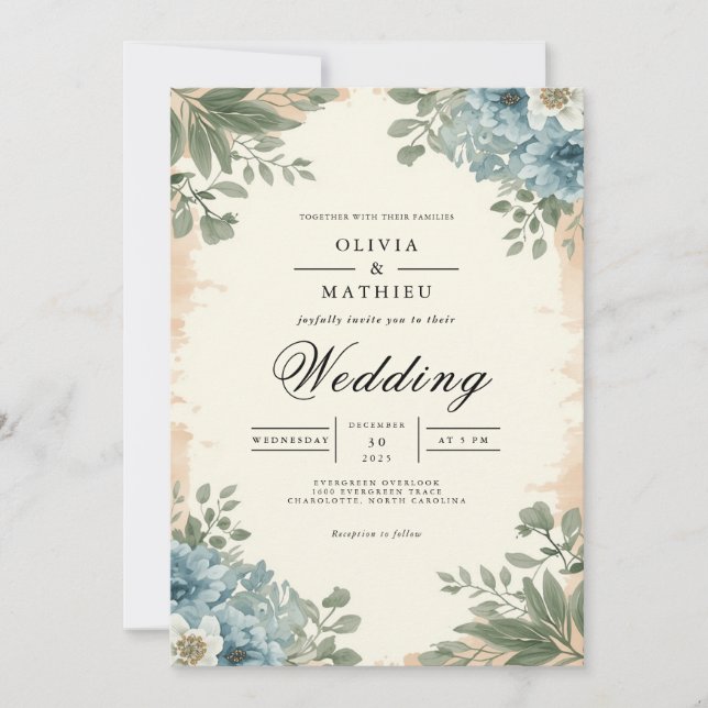 Invitación Boda de Romance Botánico Moody Blue (Anverso)