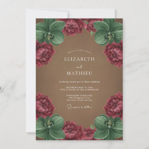 Invitación Boda de Romance Botánico Orquídea Borgoña
