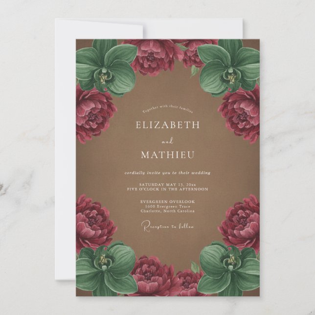 Invitación Boda de Romance Botánico Orquídea Borgoña (Anverso)