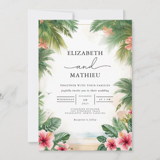 Invitación Boda de Romance de Arco Tropical Exuberante (Anverso)