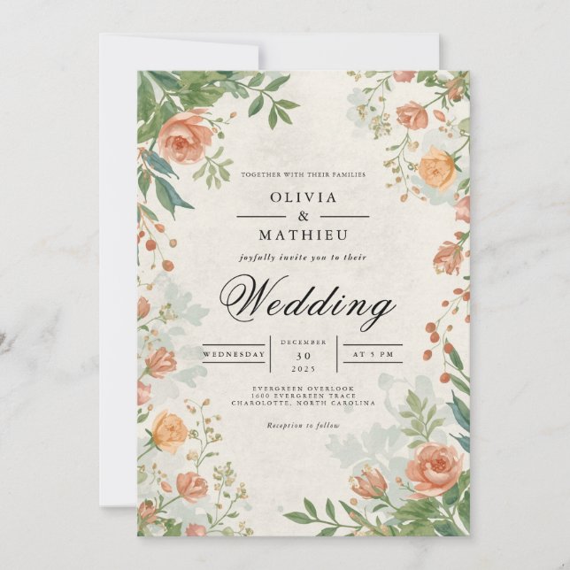 Invitación Boda de Romance de Floral Silenciada (Anverso)