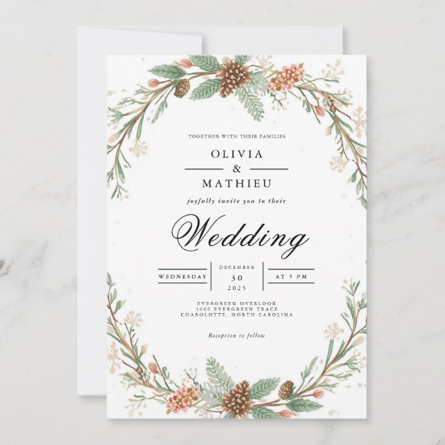 Invitación Boda de Romance del Arco Evergreen Escarcha (Anverso)