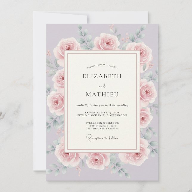 Invitación Boda de Romance en Flor de Rosa Polvorienta (Anverso)