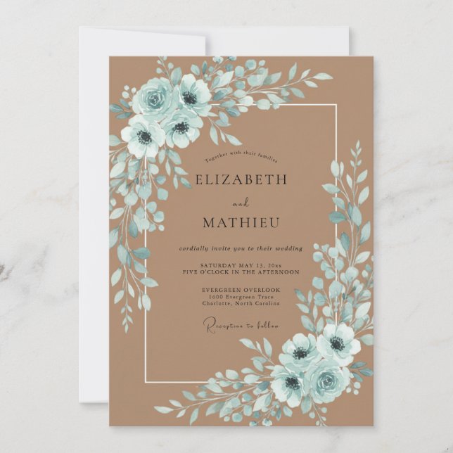 Invitación Boda de Romance en Flor Teal (Anverso)