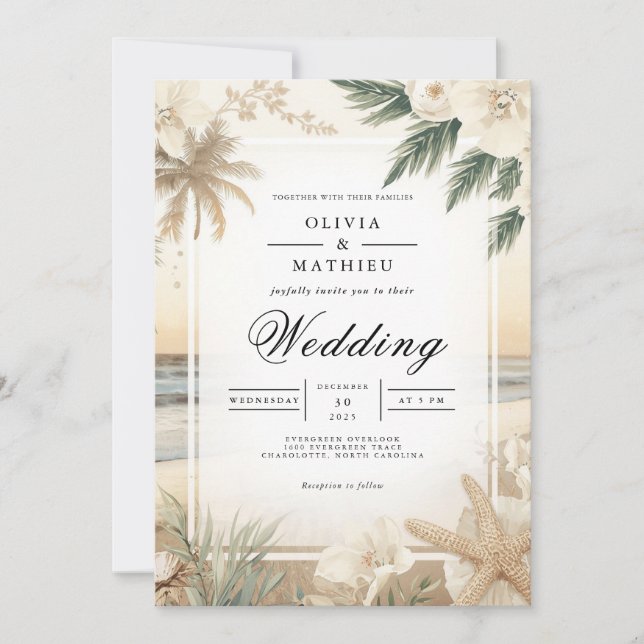 Invitación Boda de Romance en playa de Costa Floral (Anverso)