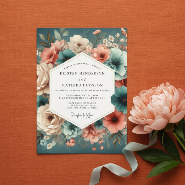 Invitación Boda de Romance Encantado Rosa Verde Teal (Subido por el creador)
