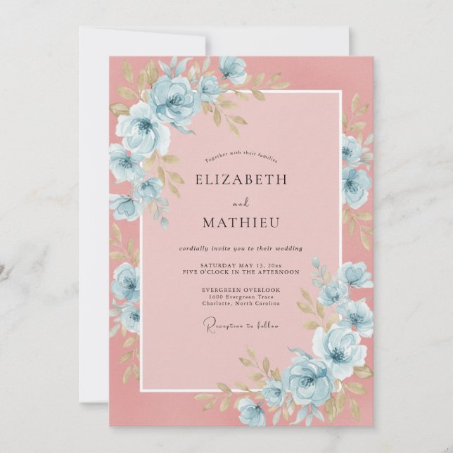 Invitación Boda de Romance Etéreo Azul Polvo (Anverso)